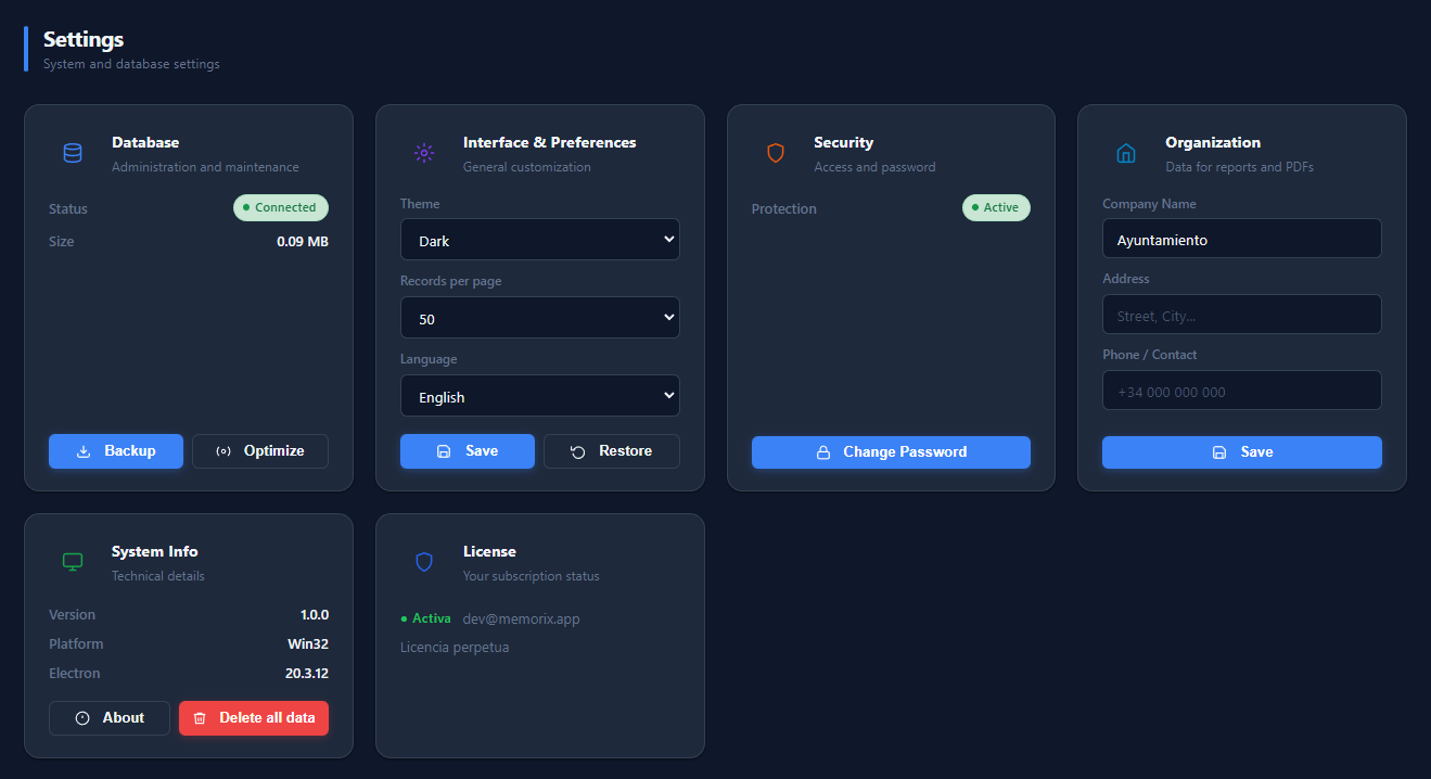 Panel de configuración